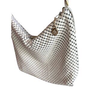 Whiting & Davis Metal Mesh Shoulder Bag Leather Strap Gold Charm 70s Y2K Disco